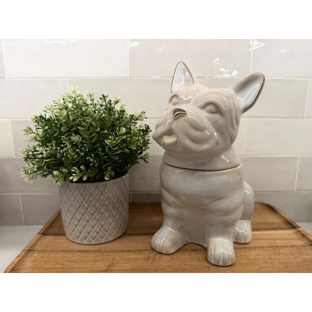 Ceramic French Bulldog Cookie Jar Iridescent Pearl White Rose Gold Accents 10in